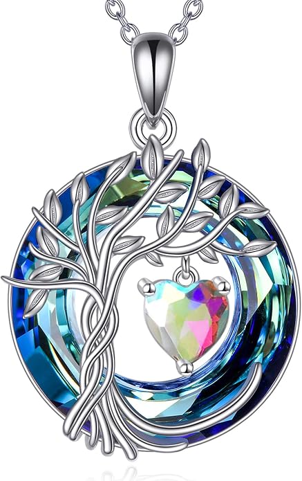 CRMAD Tree of Life Necklace Birthstone Pendant Necklaces with Crystal Anniversary Birthday Wedding Jewelry for Mom Her Wife Sister