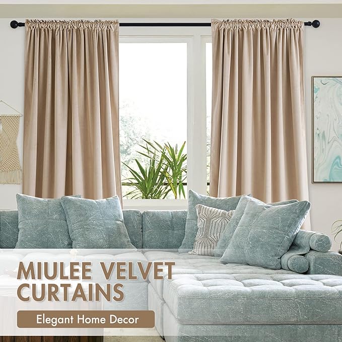 MIULEE Camel Beige Blackout Velvet Curtains Drapes 84 Inch Long 52"x84" | Luxurious Bedroom Living Room Decor, Room Darkening, Thermal Insulated, Rod Pocket Design, Super Soft Fabric
