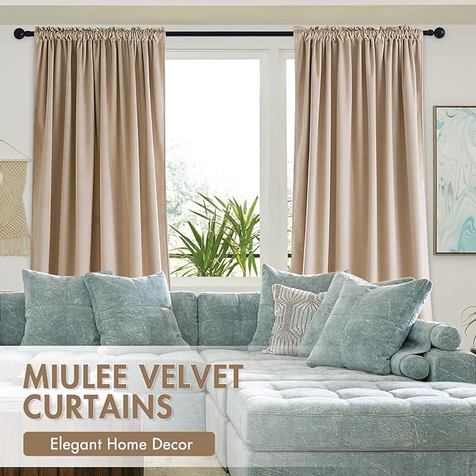 MIULEE Camel Beige Blackout Velvet Curtains Drapes 108 Inch Long 52"x108" | Luxurious Bedroom Living Room Decor, Room Darkening, Thermal Insulated, Rod Pocket Design, Super Soft Fabric, Extra Long