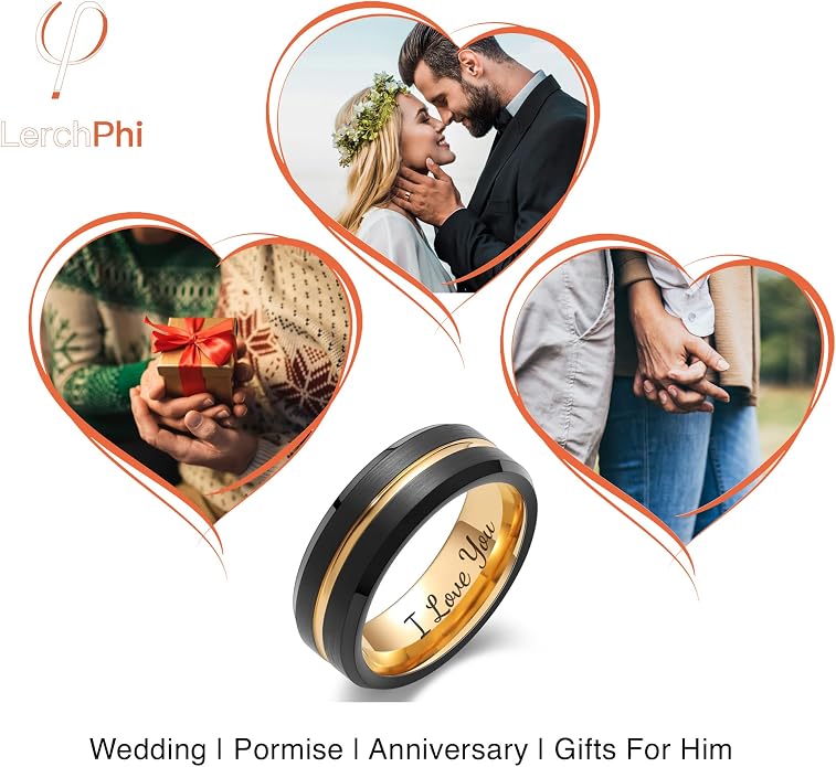 LerchPhi Tungsten Wedding Band for Men, Engraved and Customizable Promise Rings for Him and Her, Width 6MM 8MM Size 6-14, Center Grooved Beveled Edge, Comfort Fit