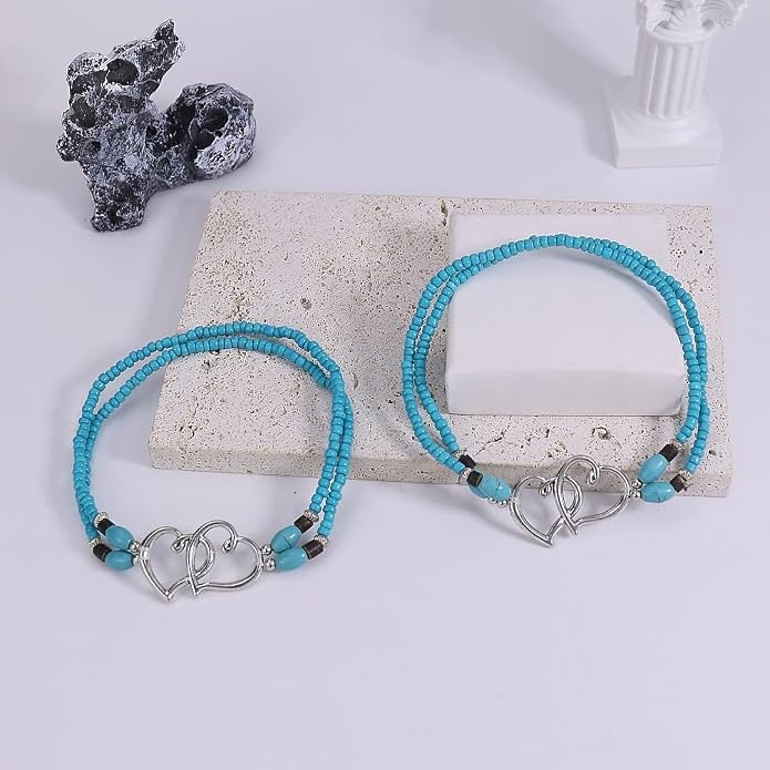 2PC Ankle Bracelets for Women Beaded Heart Ankle Bracelet Waterproof Bohemian Big Plus Size Anklets Summer Beach Accessories Boho Jewelry