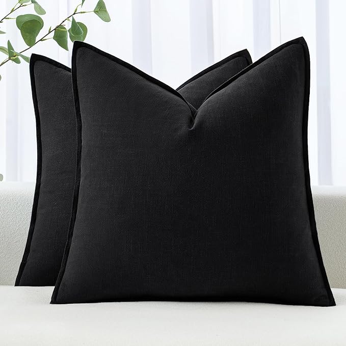 MIULEE Decorative Linen Euro Sham Pillow Covers 28x28 Inch Black | Boho Farmhouse Neutral Couch Throw Pillows for Bed, Pack of 2 Accent Modern Pillowcases, Sofa Livingroom Home Decor