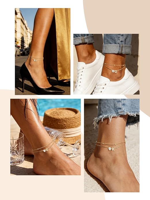 Bestyle Initial Anklet Bracelets for Women Waterproof Non Tarnish 14K Gold/White Gold Plated CZ Anklets for Women Dainty Layered Letter Heart Ankle Bracelets Adjustable Foot Chain Anklet