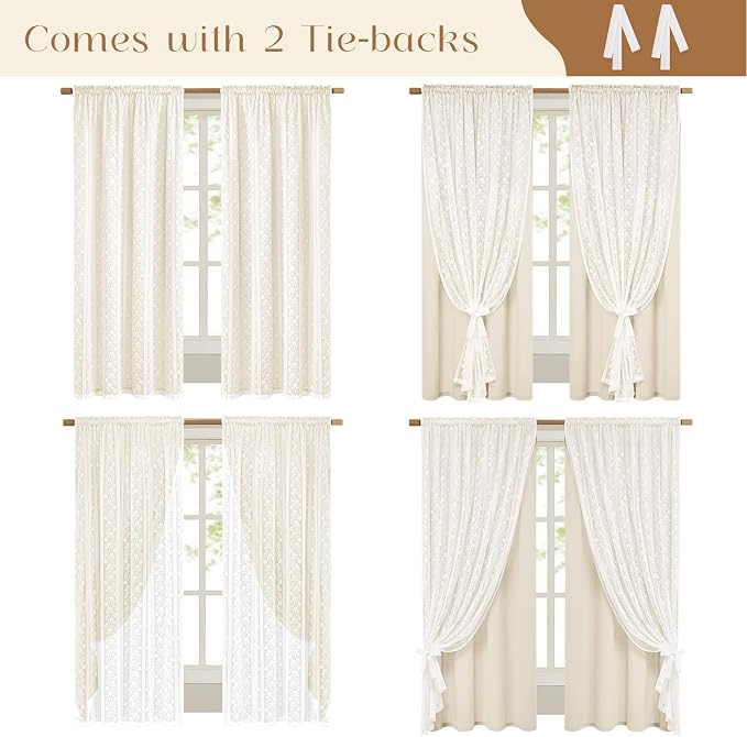 ASPMIZ Linen Curtains for Bedroom, Double Layered Boho Curtain 63 Inch Length 2 Panels Set, Rod Pocket Curtains & Drapes with Tiebacks, Light Filtering Drapes for Living Room 52 x 63 Inch, Beige