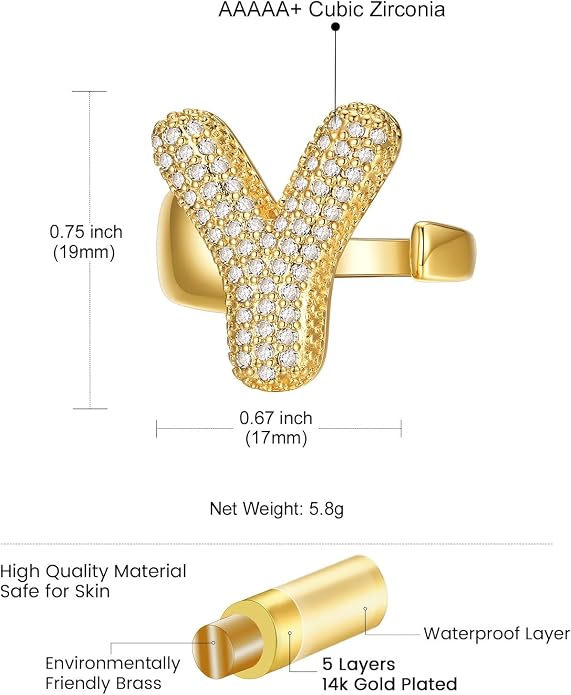 KeyStyle Bold Initial Letter Rings Adjustable, GoldChic Jewelry Women Gold Statement Ring Personalized Engraved Women’s Open Signet Ring for Party (Gold, White Gold, Black)