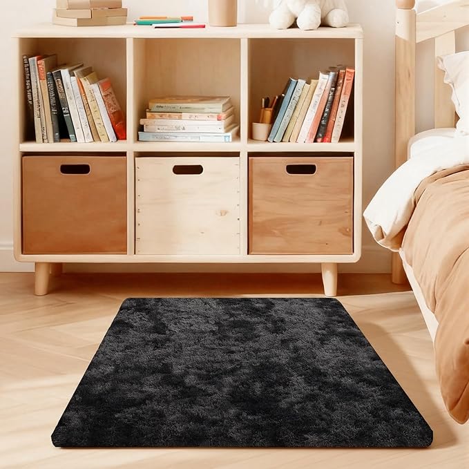 3x5 Rugs for Bedroom, Fluffy Area Rugs for Living Room, Small Fuzzy Shag Soft Non-Slip Carpet for Kids Girls and Boys Nursery Dorm Indoor Room Home Decor (3ft X 5ft, Tie-Dyed Black Grey)