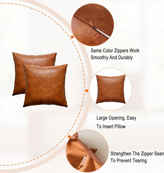 Faux Leather Throw Pillow Covers 16x16 inch - Set of 2 Brown Cognac Bohemian Modern Minimalist Square Decoration Pillowcases for Outdoor Living Room Couch Bed Sofa Bedroom Cushion Cases