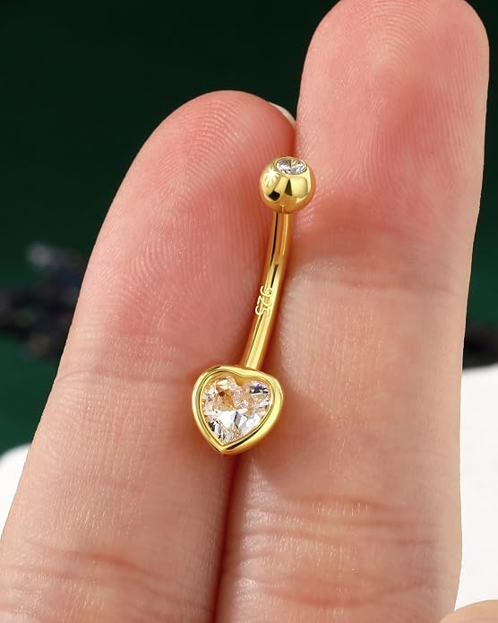 COCHARM 14K Gold Plated 925 Sterling Silver Belly Button Ring - Dainty Heart Navel Piercing Jewelry for Women