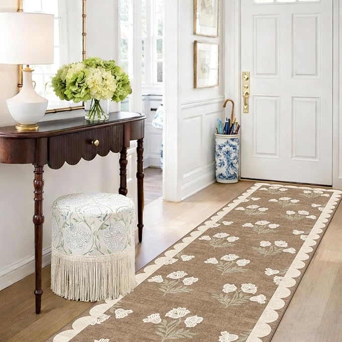 Non Slip Washable Hallway Runner Rug - 2x12 Extra Long Tan Kitchen Runner Rug Soft Boho Runners for Hallways Vintage Floral Scalloped Area Rug for Bedroom Entryway Foyer Stair Runner Decor