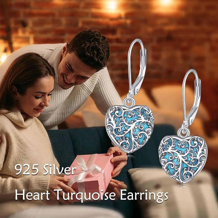 YAFEINI Turquoise/Moonstone Filigree Earrings 925 Sterling Silver Turquoise/Moonstone Filigree Dangle Earrings Retro Jewelry for Women Mother's Day Gifts