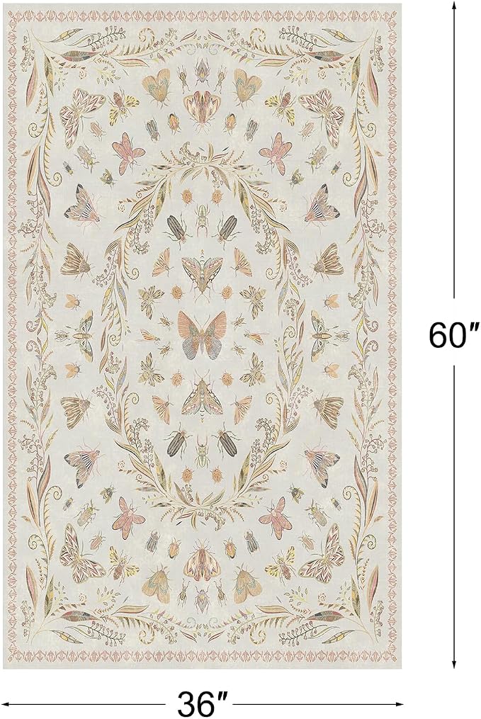 3x5 Flower Area Rug for Girls Bedroom - Washable Light Pink Large Entryway Rug for Laundry Room, Kitchen, Bedroom, Dorm, Insect Print Vintage Floral Non-Slip Throw Rug Low Pile Stain Resistance