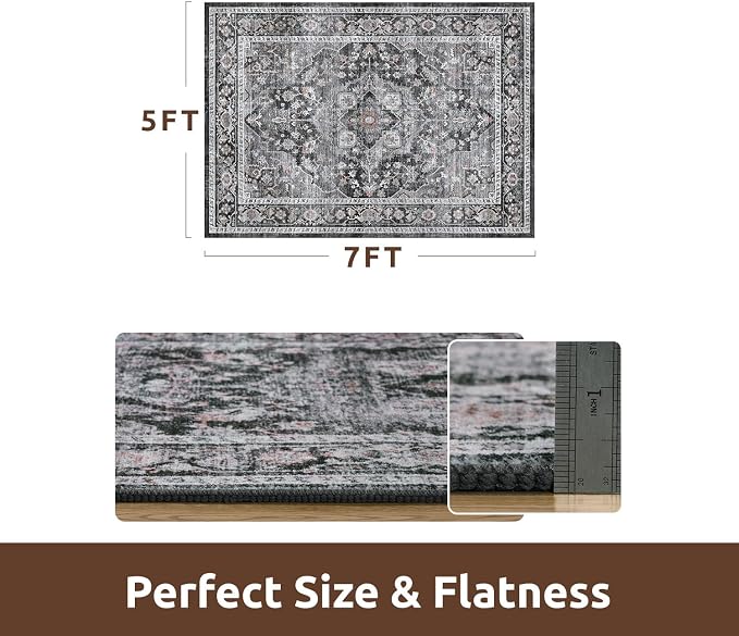 AMOAMI-Area Rug 5X7 Rugs for Living Room-Vintage Soft Black Rugs for Bedroom-Non Slip Carpet-Machine Washable Rug for Dining Room Living Room Bedroom Office Under Table Dark Grey & Black