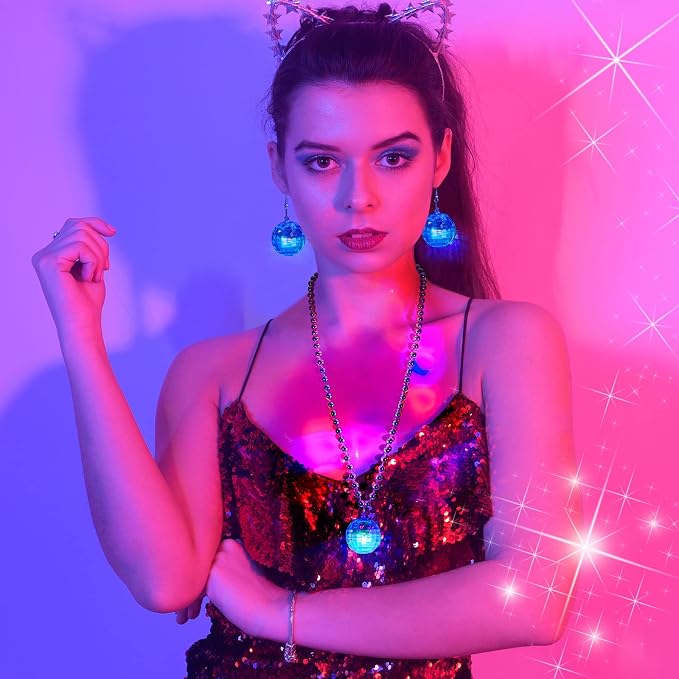 Sasylvia 12 Pcs LED Disco Ball Necklaces Light up Bead Necklaces 70s Disco Party Favors Glow in The Dark Bead Jewelry Costume Accessories for New Year Party Dance Supplies(Silver, Colorful)