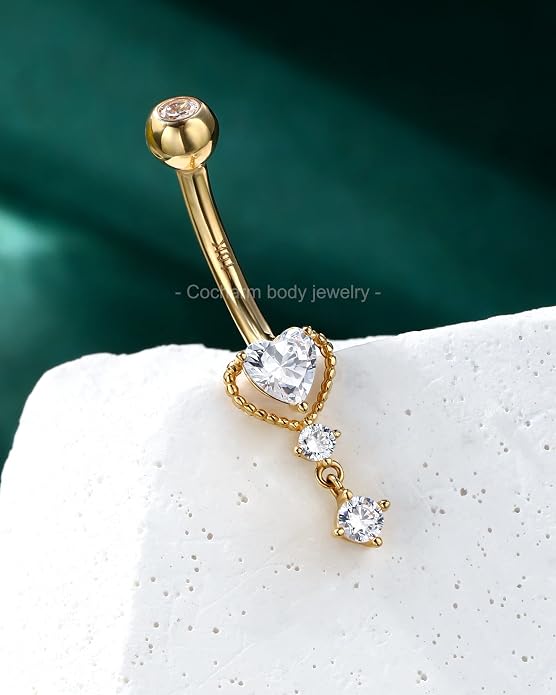 COCHARM 10k Yellow Gold Belly Button Rings Dangling 14G Heart Gold Belly Rings for Women Clear CZ Gold Belly Navel Piercing Jewelry
