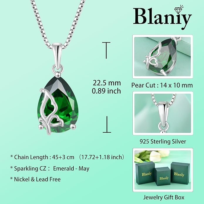 Teardrop Necklace 925 Sterling Silver Butterfly Pendant Necklace Birthstone Jewelry for Women