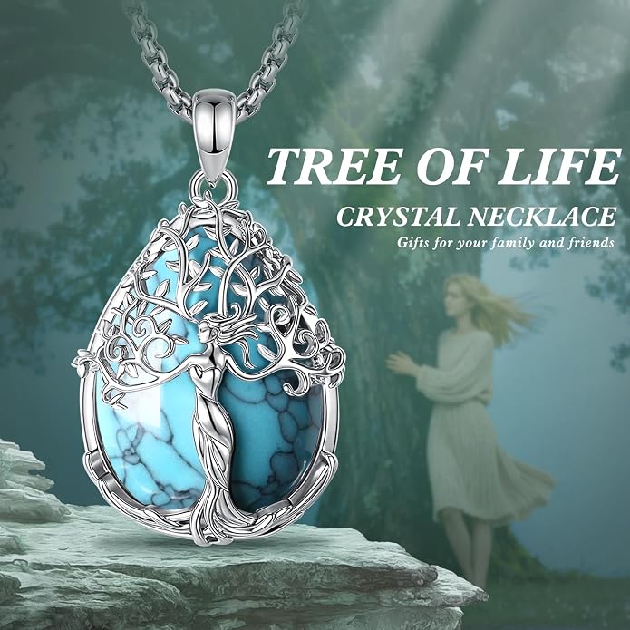 AEONSLOVE Tree of Life Necklace with Crystal for Women, Amethyst/Obsidian/Turquoise/Moonstone/Malachite Crystal Pendant Necklaces for Ladies