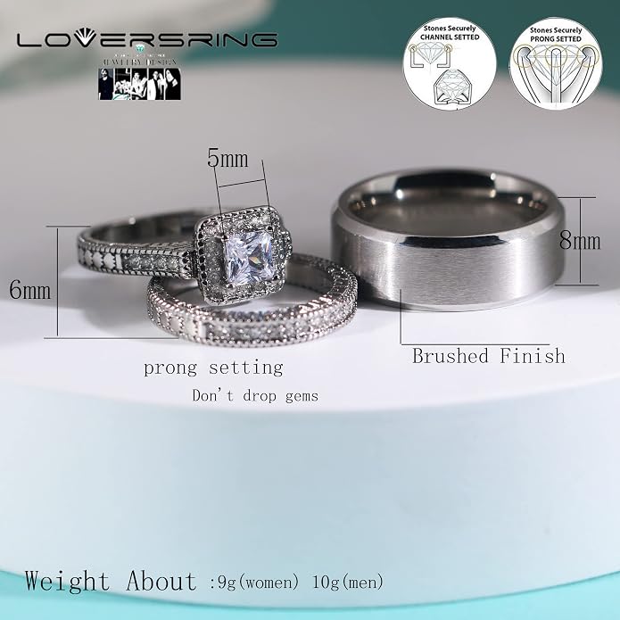 Couple Ring Bridal Set His Hers Women 10k White Gold Filled AAA Cz Men Stainless Steel Wedding Ring Band Set