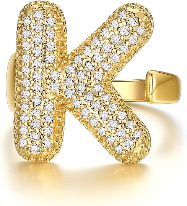 KeyStyle Bold Initial Letter Rings Adjustable, GoldChic Jewelry Women Gold Statement Ring Personalized Engraved Women’s Open Signet Ring for Party (Gold, White Gold, Black)
