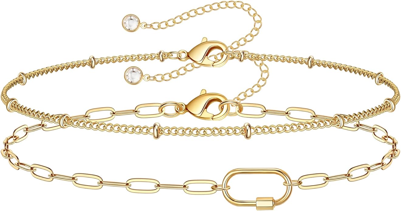 Dainty Gold Bracelets for Women, 14K Gold Plated Adjustable Layered Beads Bracelet Cute Evil Eye Oval Chain Pearl Bar Turtle Gold Bracelets for Women Jewelry