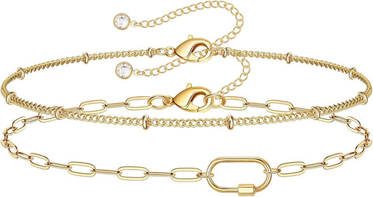 Dainty Gold Bracelets for Women, 14K Gold Plated Adjustable Layered Beads Bracelet Cute Evil Eye Oval Chain Pearl Bar Turtle Gold Bracelets for Women Jewelry