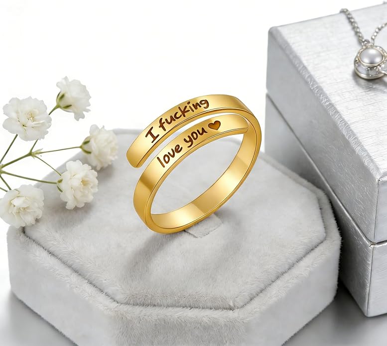 I Fcking Love You Ring, Stainless Steel Engraved Inspirational Words Heart Open Adults Women Vintage Promise Rings Lover Wife Jewelry