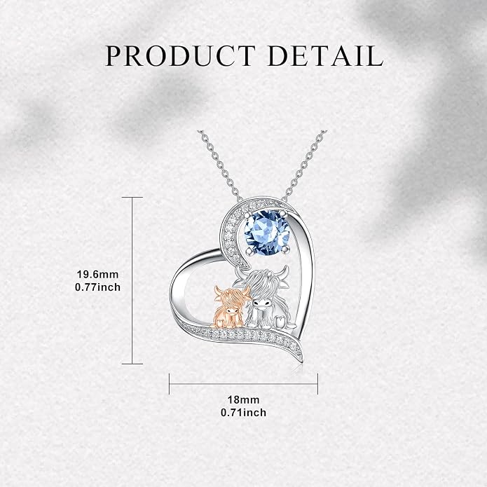 Highland Cow Gifts for Women 925 Sterling Silver Highland Cow Birthstone Necklace Fluffy Cow Jewelry Gifts Birthday Christmas