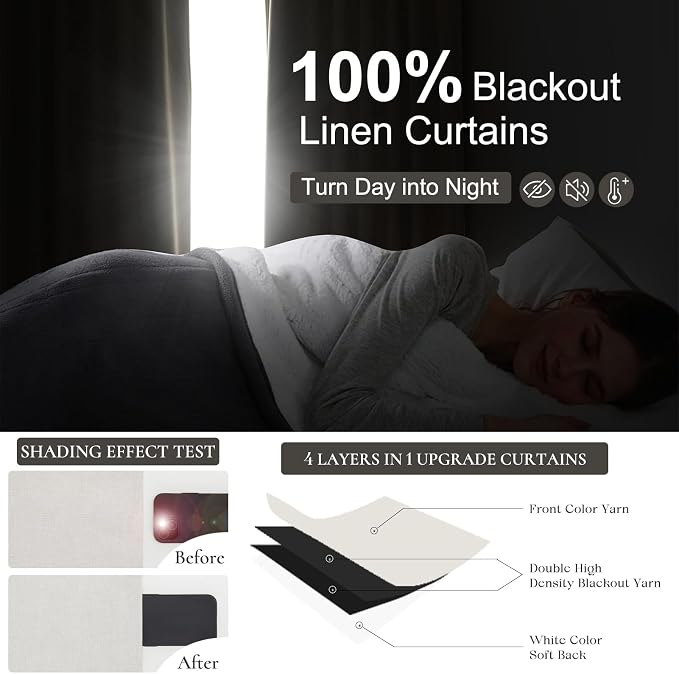 100% Blackout Curtains 94 Inches Long for Living Room 2 Panels Set, Room Darkening Energy Saving Curtain Window Coverings Elegant Flax Linen Hook Belt Pleated Drapes Aesthetic Bedroom(W50"xL94",Birch)