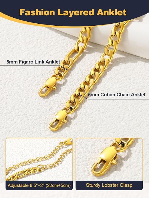 U7 2Pcs/3Pcs Ankle Bracelets for Women, Stainless Steel Cuban Link/Figaro/Rope/Heart Chain Anklets Sets,Waterproof Layered Anklets Adjustable 8.5"-10.5"