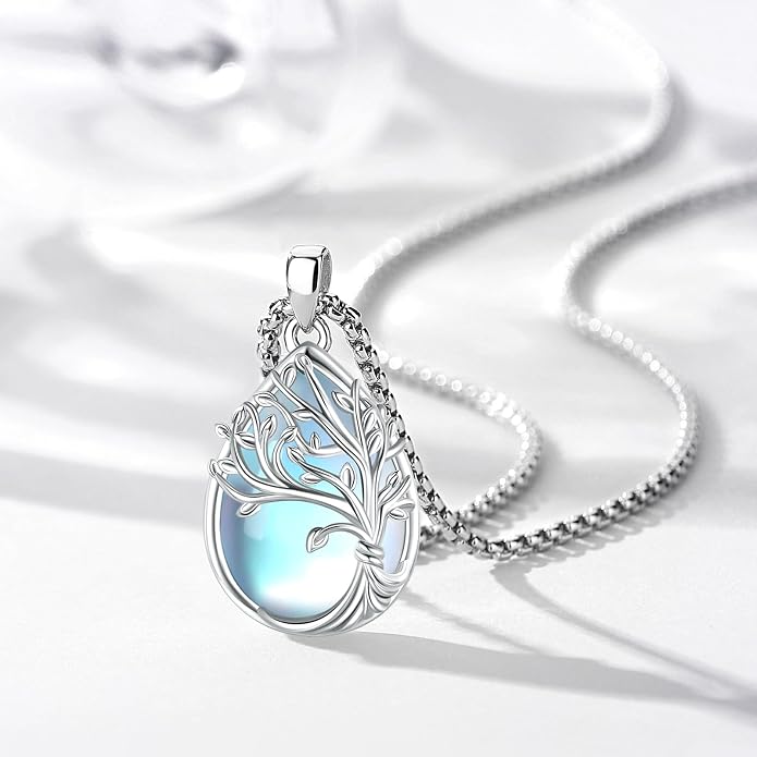 Sterling Silver Tree of Life Necklace for Women Oval Family Tree Necklace Abalone Shell Moonstone Pendant Mother Day Necklace for Mom Tree of Life Jewelry