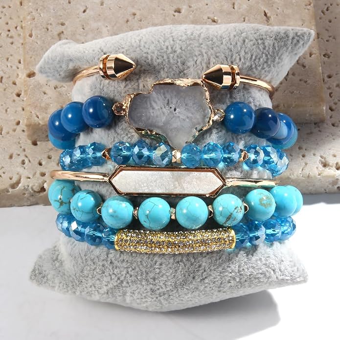 Yomisa 5PCS 6PCS Natural Boho Beaded Bracelets/Bangle for Women Men,Healing Turquoise Jasper Agate Crystal Gemstone Stone Chakra Multilayer Wrap Bohemian Handmade Jewelry Beads Stretch Bracelet Set