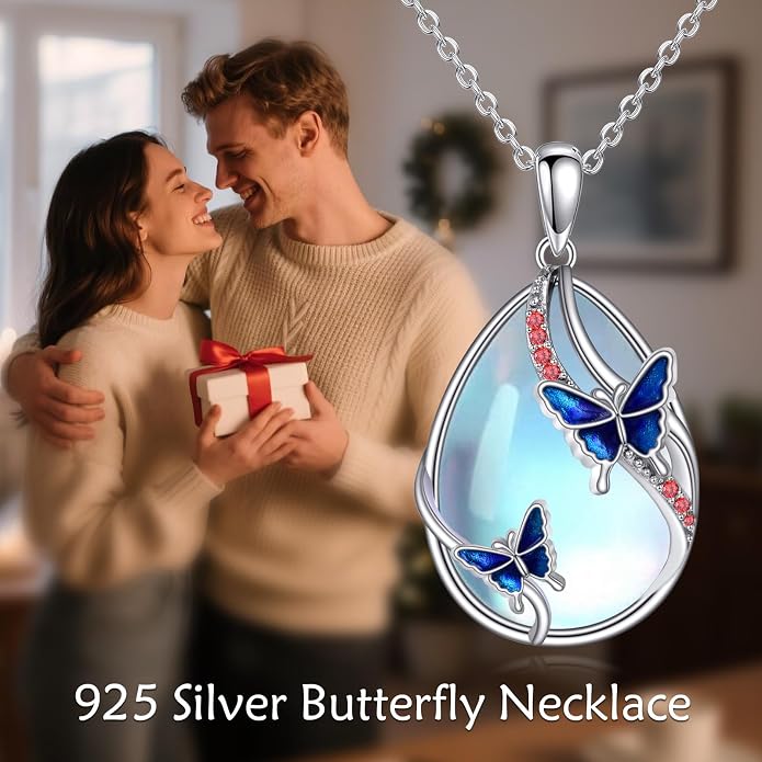 KQF Dragonfly/Butterlfy/Cat/Jellyfish/Bunny/Axolotl/Bee/Mermaid/Hummingbird/Elephant Necklace for Women Sterling Silver Moonstone Pendant Necklace Dragonfly Jewelry Gifts for Women