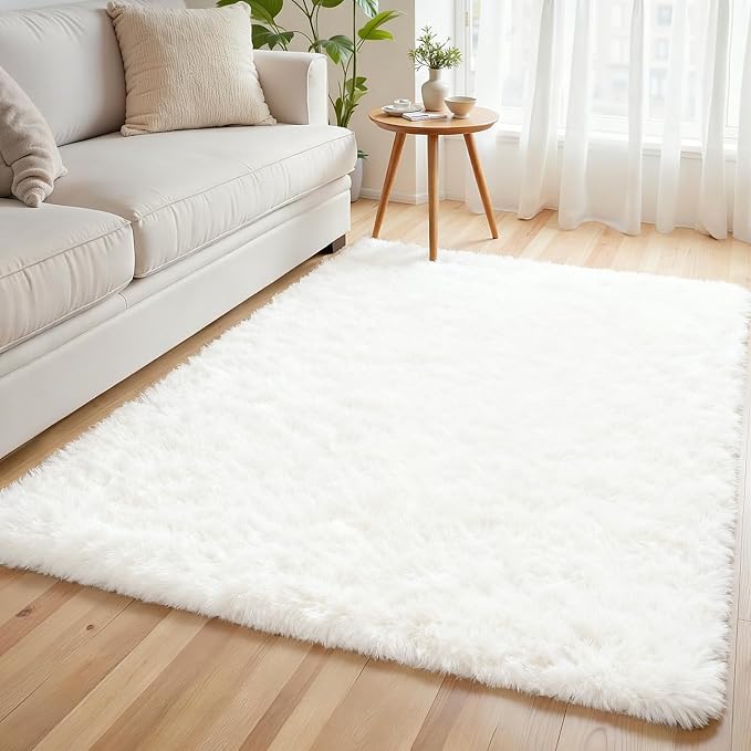 4x6 Area Rug for Living Room, Ultra Soft Fluffy Shag Rugs for Bedroom, Non-Slip Large Fuzzy Plush Rug Indoor Floor Carpet for Nursery Kids Office Dorm Modern Decor, White
