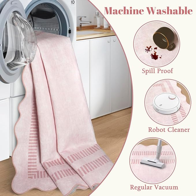Washable 3x5 Indoor Entryway Rug, Solid Pink Non Slip Rugs for Bedroom Girls, Stain Resistant Scalloped Soft Carpet for Nursery Dorm Kitchen