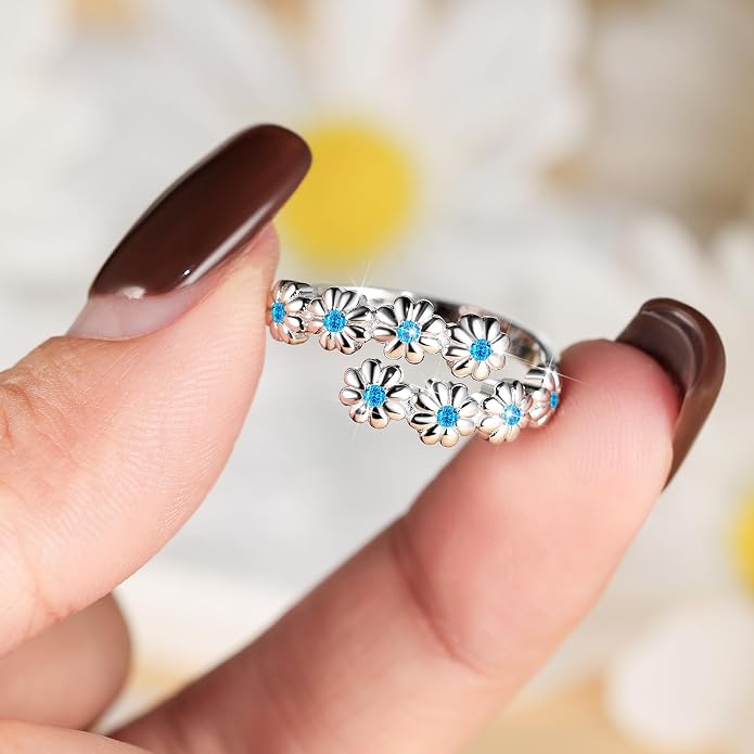 Dainty Daisy Ring for Women, S925 Sterling Silver Cubic Zirconia Sunflower Flower Ring For Daughter, I Think Of You Every Daisy Ring, Birthstone Flower Ring