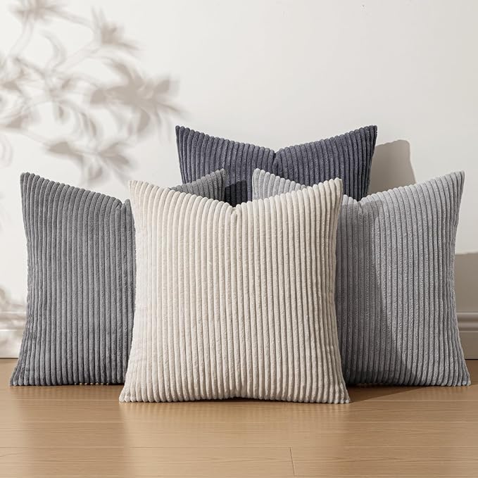 EMEMA Neutral Grey Decorative Throw Pillow Covers 18x18 Inch Set of 4 Boho Farmhouse Corduroy Striped Square Pillow Case,Western Modern Cushion Covers for Couch Bed Livingroom Home Decor