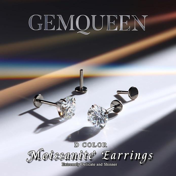 GEMQUEEN Moissanite Earrings G23 Titanium Extended Internal Thread Flat Back Earrings Hypoallergenic Tragus Cartilage Helix Conch Piercing Jewelry for Women Men 18G 6/8mm Post Gray/D Color 0.2-3CT