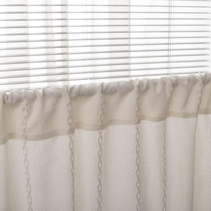 ColorBird Boho Kitchen Cafe Curtains Window Valances Boho Short Curtains & Drapes 36 Inch Length 2 Panels White Light Filtering Embroidered Striped for RV Camper Laundry Room