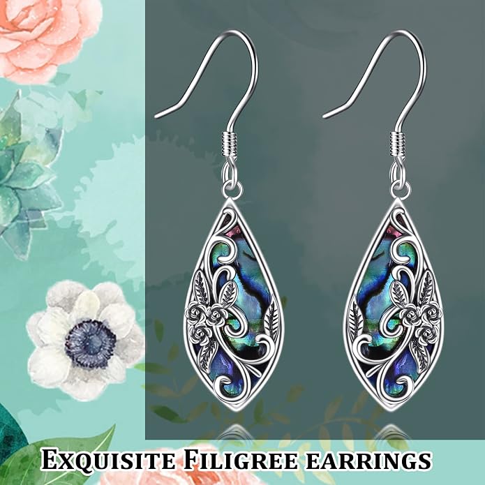 Silver Earrings for Women Sterling Silver Filigree Earrings Teardrop Dangle Drop Filigree Bohemia Jewelry Gift for Women Mother Mom