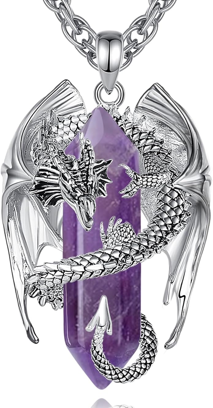 INFUSEU Unique Dragon Necklaces with Healing Crystal Stone for Men Women, Personalized Spiritual Gifts, 24 Inch Chain