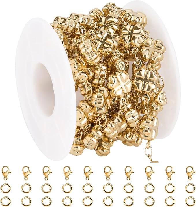 GTVOODX 18k Gold Plated Soldered Jewelry Making Chains 6.6 Ft Four Leaf Clover Stainless Steel Handmade Bulk Chain Roll for DIY Jewelry Necklace Bracelet Making with Jump Rings and Lobster Clasps
