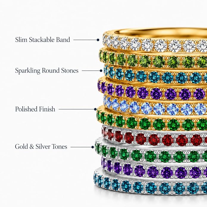 Birthstone Rings For Women, Silver Stackable Cubic Zirconia Stainless Steel Birth Stone Ring To My Daughter/Mom Birthday Unique Gifts Jewelry