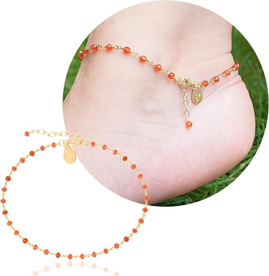 Dainty Gemstone Anklet for Women – 10 Inch Adjustable Anklet with 1 Inch Extender, Gold or Silver Plated Foot Jewelry, Minimalist Boho Style Gift