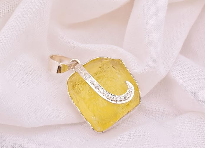 Natural Raw Lemon Quartz Stone Rough Crystal Gemstone Dainty Women Pendant Necklace, Chakra Healing Crystals, Birthstone, Gift, Rhodium Plated 925 Sterling Silver Chain 18 inch