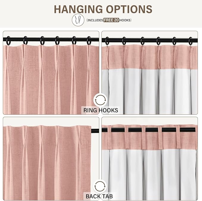 CAPALOCA Pinch Pleated Curtains Blackout, Linen Blackout Curtains 108 inches Long 2 Panels Set for Bedroom, Thermal Insulated Pinch Pleated Drapes for Living Room, 40"W x 108"L (Pack of 2), Blush Pink