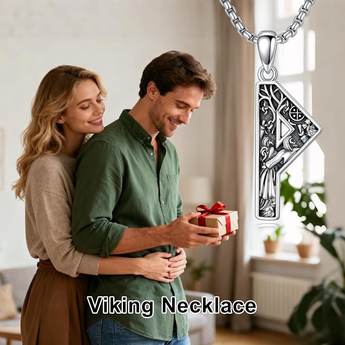 Viking Necklace 925 Sterling Silver Viking Rune Letter Pendant Norse Jewelry Gifts for Men Father