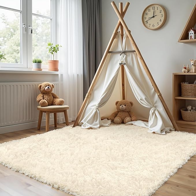 4x6 Area Rug for Living Room, Ultra Soft Fluffy Shag Rugs for Bedroom, Non-Slip Large Fuzzy Plush Rug Indoor Floor Carpet for Nursery Kids Office Dorm Modern Decor, Cream White