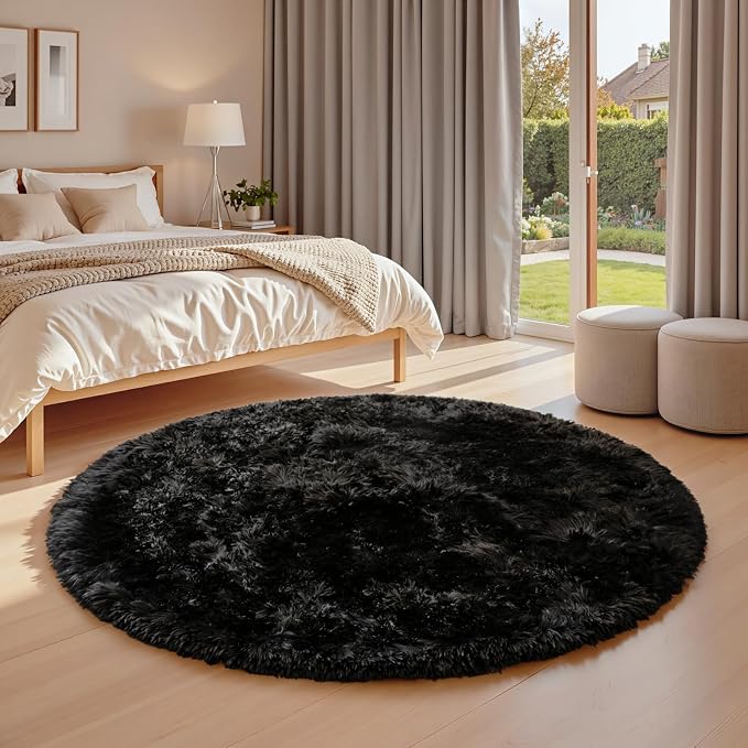Black Round Fluffy Rug 5ft Plush Fuzzy Shaggy Carpet,Soft Rugs for Living Room for Nursery,Preppy Dorm,Classroom,Playroom,Teen,Baby Home Decor (Black 5"x5")