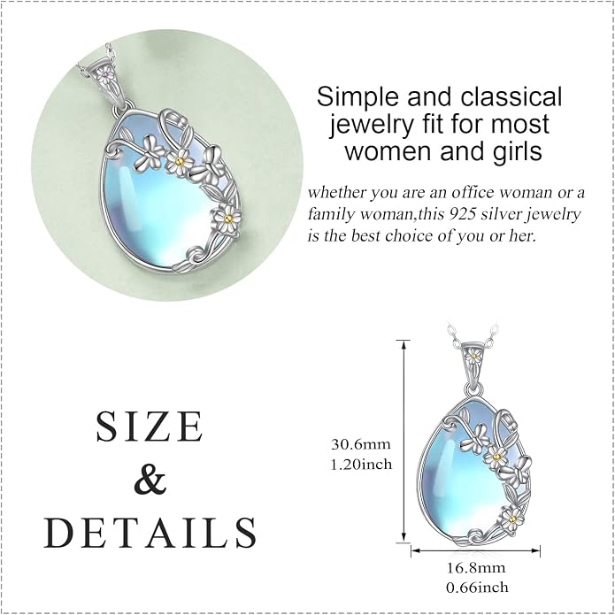 YAFEINI 925 Sterling Silver Moonstone Necklace Filigree Teardrop Pendant Necklace Jewelry for Women Girls