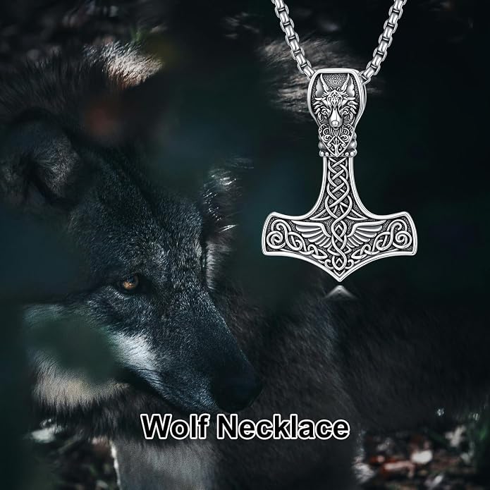 PROESS Thors Hammer Necklace Sterling Silver Celtic Knot Wolf/Lion/Raven Necklace Viking Mjolnir Pendant Jewelry for Men