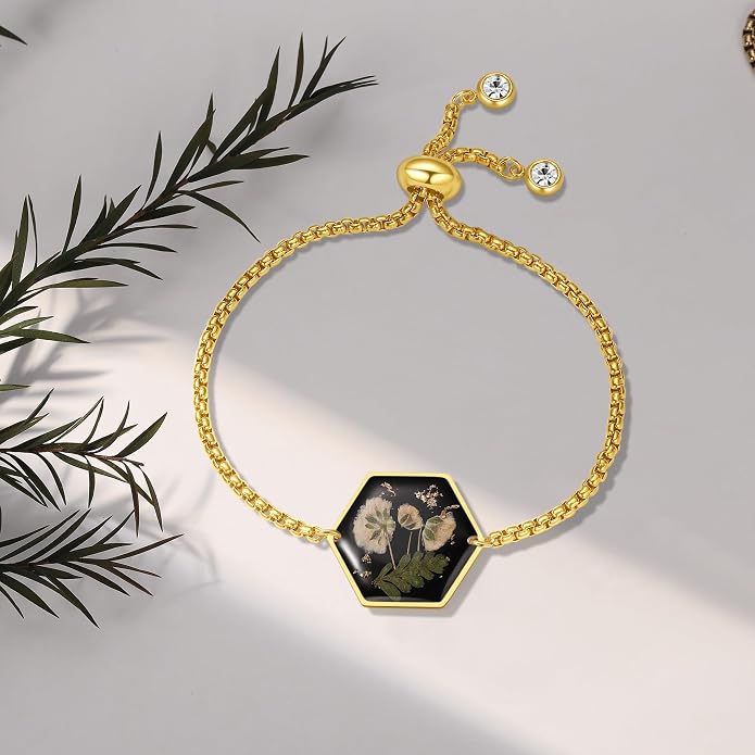 AUNTESIGN Forget-Me-Not Pressed Wildflower Bracelet | Pressed Flower Bracelet | Gold/Silver Pressed Flower Jewelry | Personalized Handmade Jewelry | Gift For Women